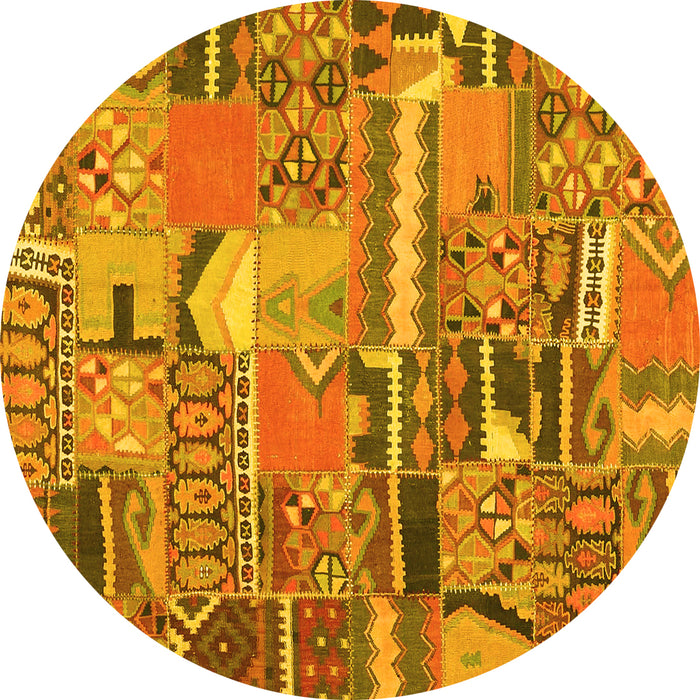 Round Machine Washable Patchwork Yellow Transitional Rug, wshcon2969yw