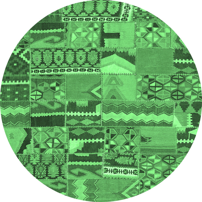 Round Machine Washable Patchwork Emerald Green Transitional Area Rugs, wshcon2969emgrn