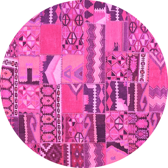 Round Machine Washable Patchwork Pink Transitional Rug, wshcon2969pnk