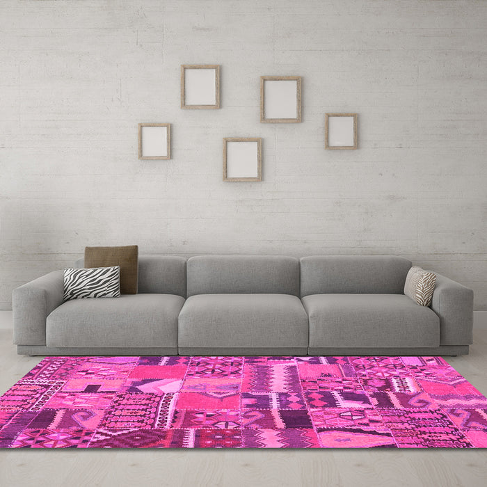Machine Washable Patchwork Pink Transitional Rug in a Living Room, wshcon2969pnk