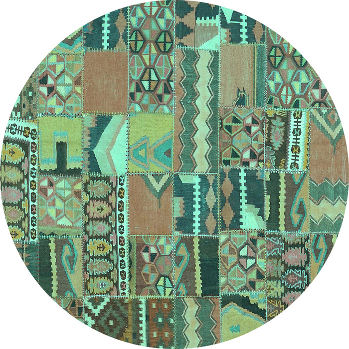 Round Machine Washable Patchwork Turquoise Transitional Area Rugs, wshcon2969turq