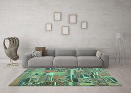 Machine Washable Patchwork Turquoise Transitional Area Rugs in a Living Room,, wshcon2969turq