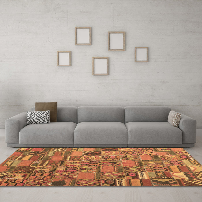 Machine Washable Patchwork Brown Transitional Rug in a Living Room,, wshcon2970brn