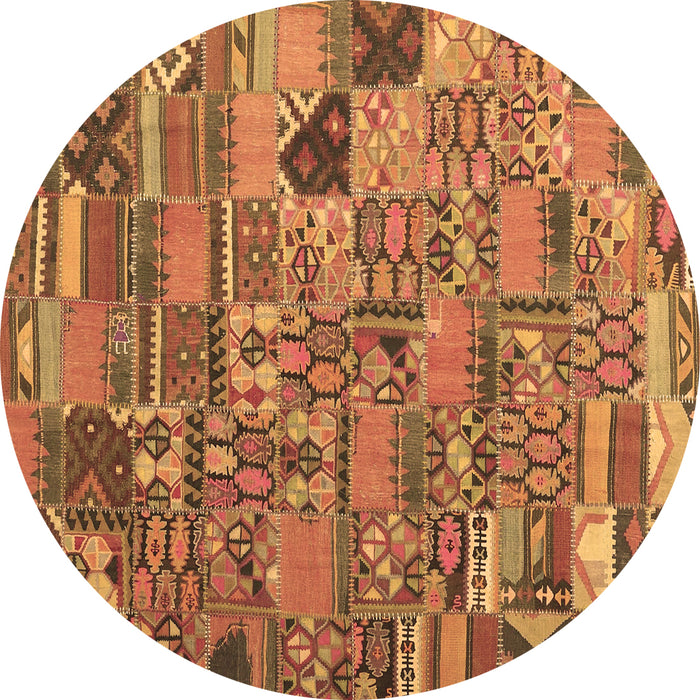 Round Machine Washable Patchwork Brown Transitional Rug, wshcon2970brn