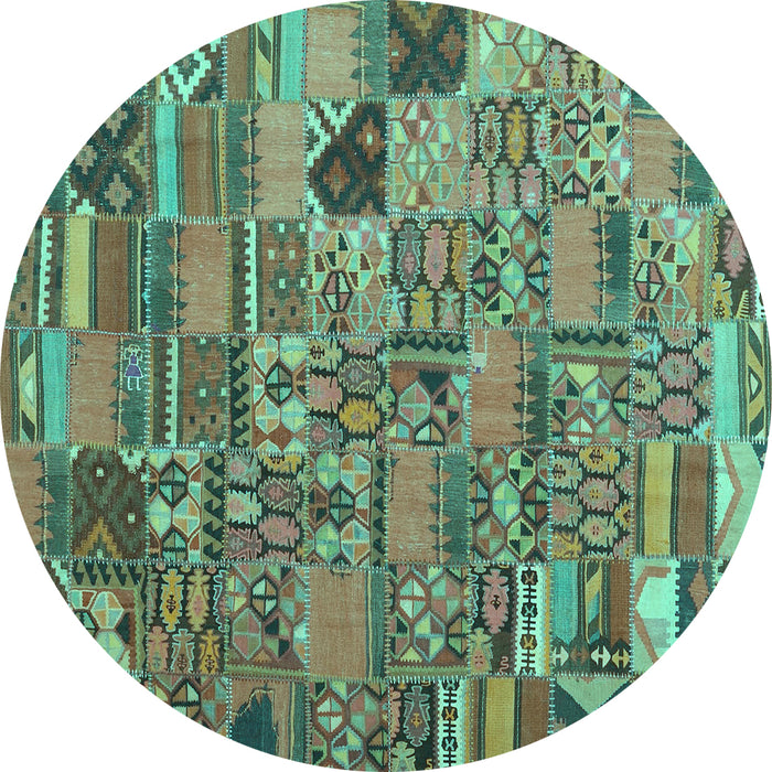 Round Machine Washable Patchwork Turquoise Transitional Area Rugs, wshcon2970turq