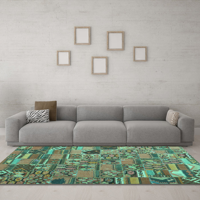 Machine Washable Patchwork Turquoise Transitional Area Rugs in a Living Room,, wshcon2970turq