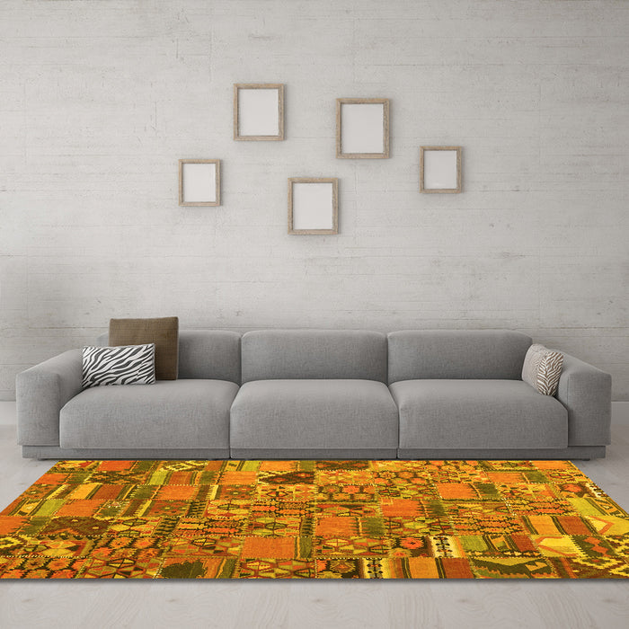 Machine Washable Patchwork Yellow Transitional Rug in a Living Room, wshcon2970yw