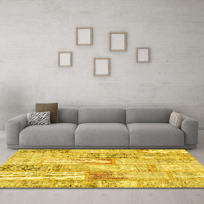Machine Washable Patchwork Yellow Transitional Rug in a Living Room, wshcon2972yw