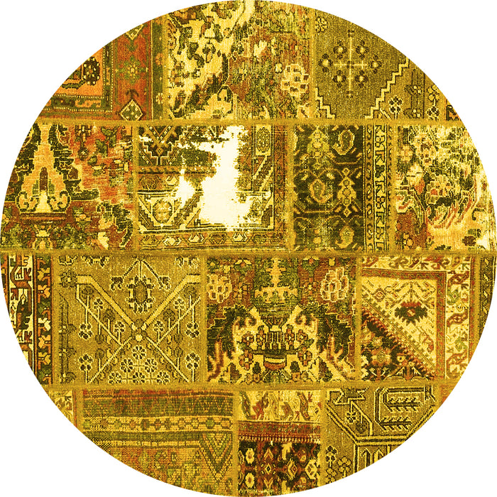 Round Machine Washable Patchwork Yellow Transitional Rug, wshcon2973yw