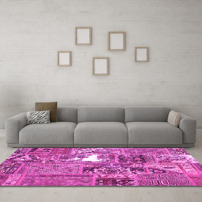 Machine Washable Patchwork Pink Transitional Rug in a Living Room, wshcon2973pnk