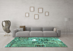 Machine Washable Patchwork Turquoise Transitional Area Rugs in a Living Room,, wshcon2973turq