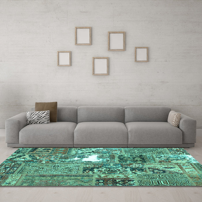 Machine Washable Patchwork Turquoise Transitional Area Rugs in a Living Room,, wshcon2973turq