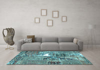 Machine Washable Patchwork Light Blue Transitional Rug, wshcon2973lblu