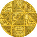 Round Machine Washable Patchwork Yellow Transitional Rug, wshcon2974yw