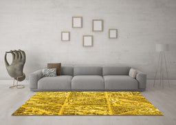 Machine Washable Patchwork Yellow Transitional Rug in a Living Room, wshcon2974yw