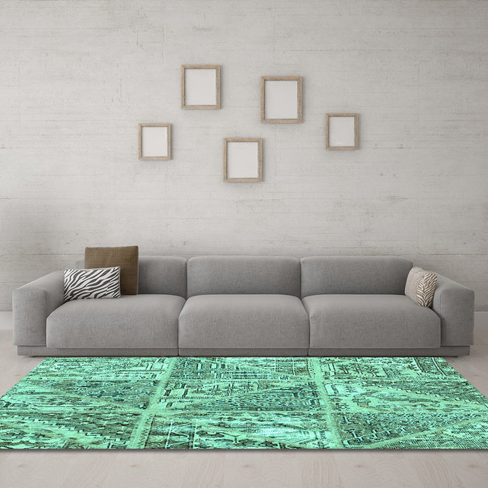 Machine Washable Patchwork Turquoise Transitional Area Rugs in a Living Room,, wshcon2974turq