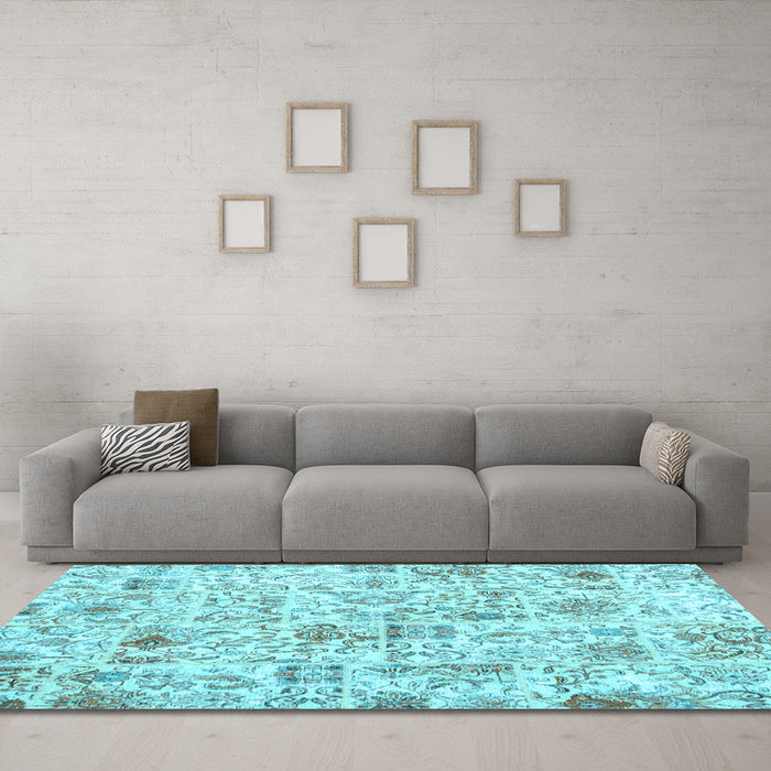 Machine Washable Patchwork Light Blue Transitional Rug in a Living Room, wshcon2975lblu