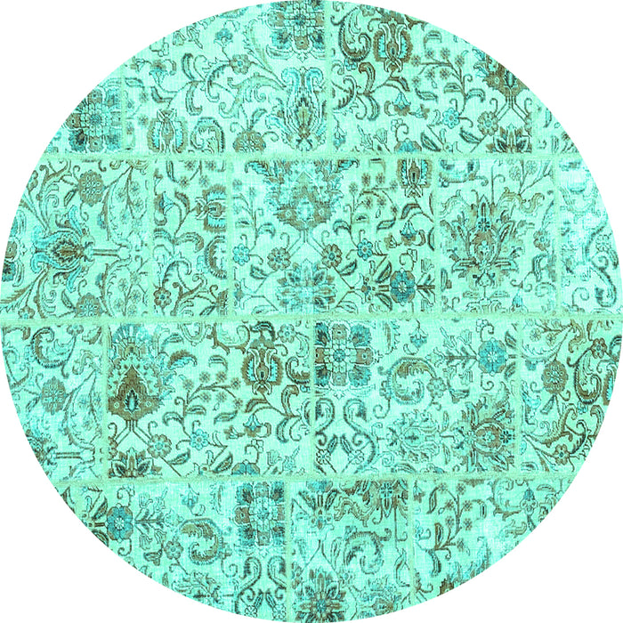 Round Machine Washable Patchwork Turquoise Transitional Area Rugs, wshcon2975turq