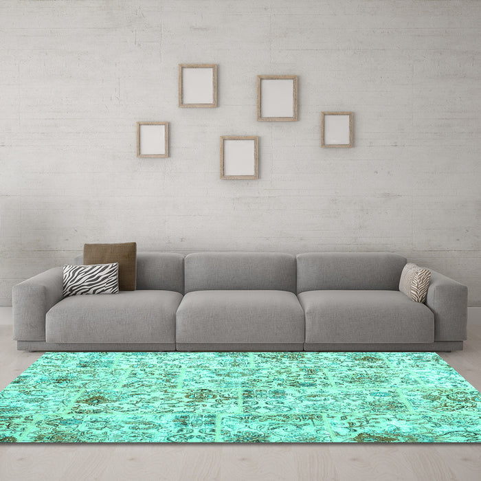 Machine Washable Patchwork Turquoise Transitional Area Rugs in a Living Room,, wshcon2975turq
