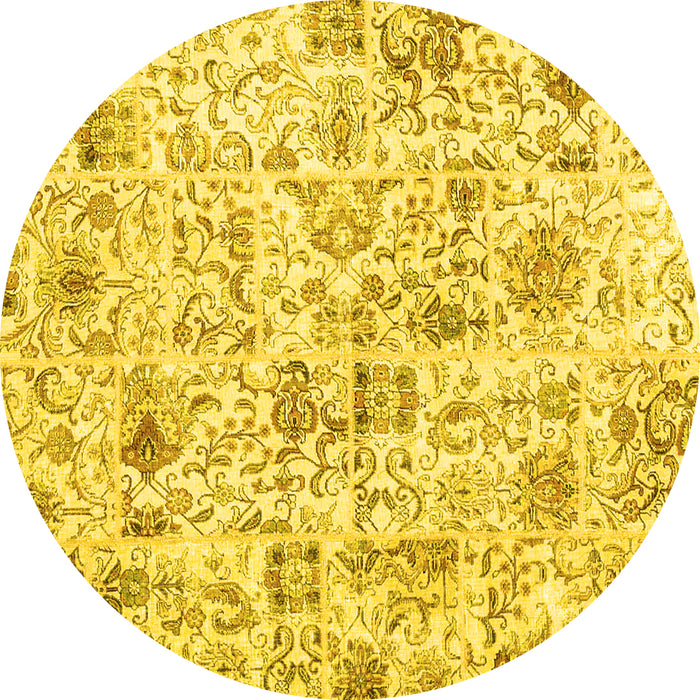 Round Machine Washable Patchwork Yellow Transitional Rug, wshcon2975yw