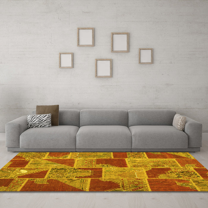 Machine Washable Patchwork Yellow Transitional Rug in a Living Room, wshcon2976yw