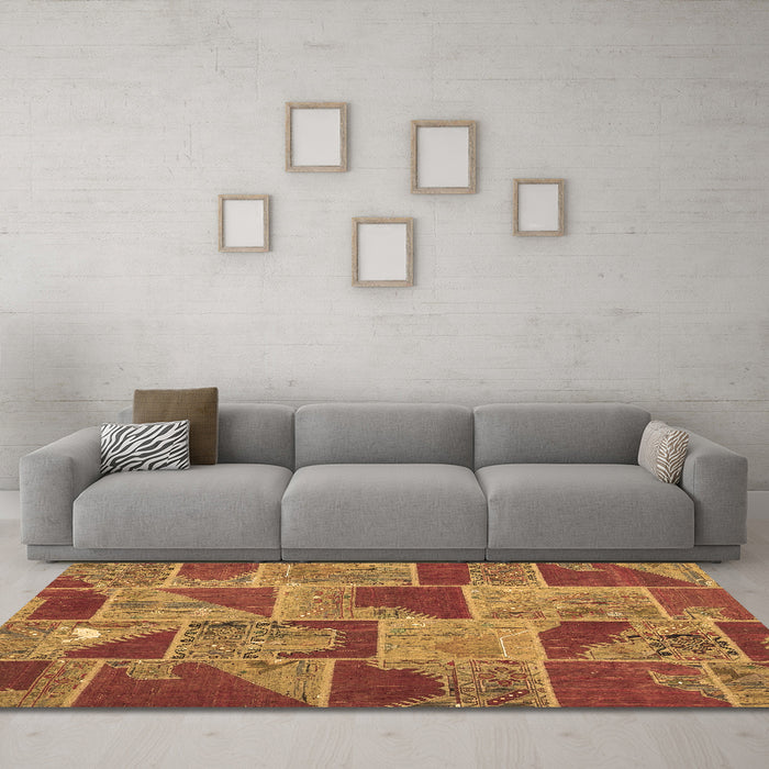 Machine Washable Patchwork Brown Transitional Rug in a Living Room,, wshcon2976brn