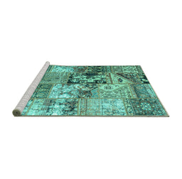 Sideview of Machine Washable Patchwork Turquoise Transitional Area Rugs, wshcon2977turq