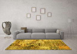 Machine Washable Patchwork Yellow Transitional Rug in a Living Room, wshcon2977yw