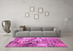 Machine Washable Patchwork Pink Transitional Rug in a Living Room, wshcon2977pnk