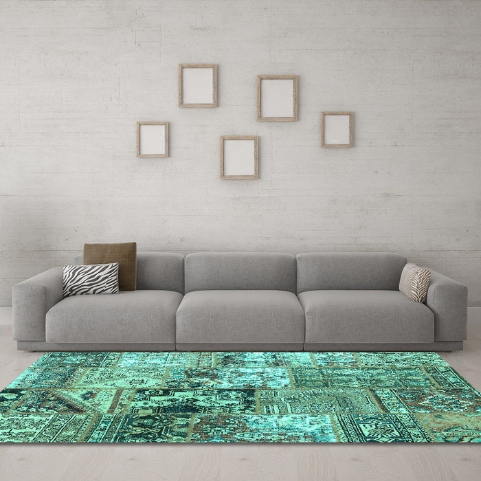 Machine Washable Patchwork Turquoise Transitional Area Rugs in a Living Room,, wshcon2977turq