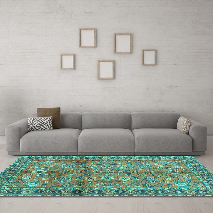 Machine Washable Abstract Turquoise Contemporary Area Rugs in a Living Room,, wshcon2978turq