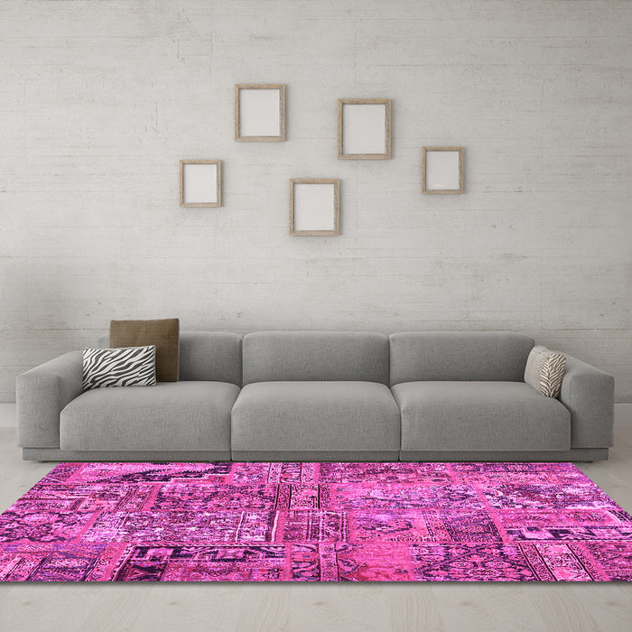 Machine Washable Patchwork Pink Transitional Rug in a Living Room, wshcon2979pnk