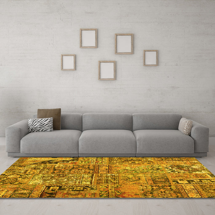 Machine Washable Patchwork Yellow Transitional Rug in a Living Room, wshcon2979yw