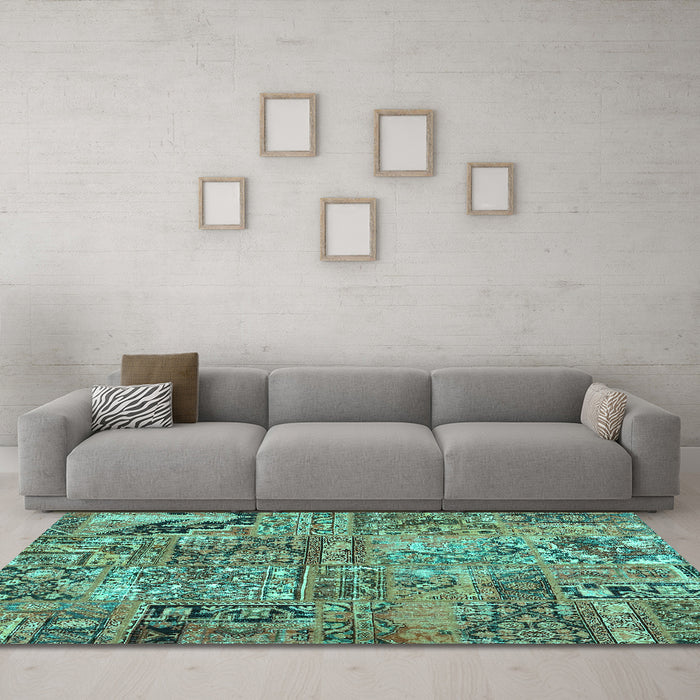 Machine Washable Patchwork Turquoise Transitional Area Rugs in a Living Room,, wshcon2979turq