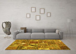 Machine Washable Patchwork Yellow Transitional Rug in a Living Room, wshcon2981yw