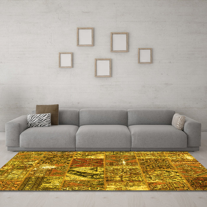 Machine Washable Patchwork Yellow Transitional Rug in a Living Room, wshcon2981yw