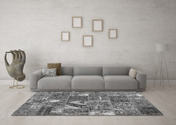 Machine Washable Patchwork Gray Transitional Rug in a Living Room,, wshcon2981gry