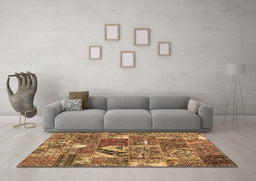 Machine Washable Patchwork Brown Transitional Rug in a Living Room,, wshcon2981brn