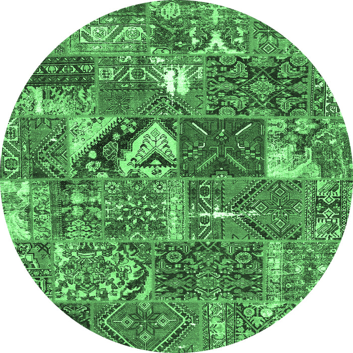 Round Machine Washable Patchwork Emerald Green Transitional Area Rugs, wshcon2981emgrn
