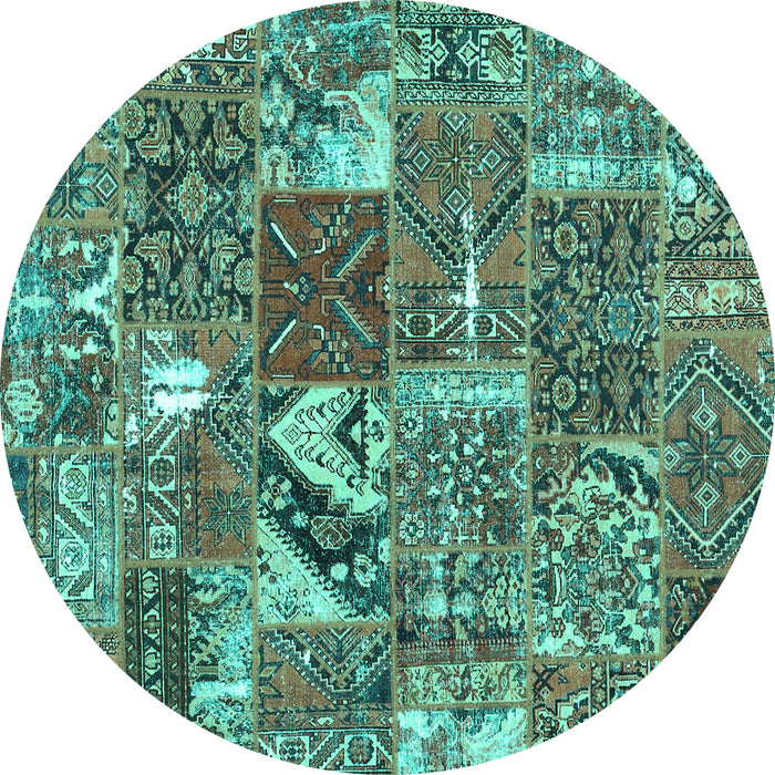 Round Machine Washable Patchwork Turquoise Transitional Area Rugs, wshcon2981turq