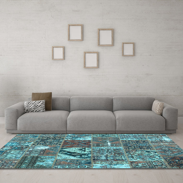 Machine Washable Patchwork Light Blue Transitional Rug in a Living Room, wshcon2981lblu