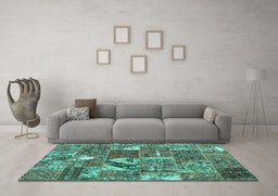 Machine Washable Patchwork Turquoise Transitional Area Rugs in a Living Room,, wshcon2981turq