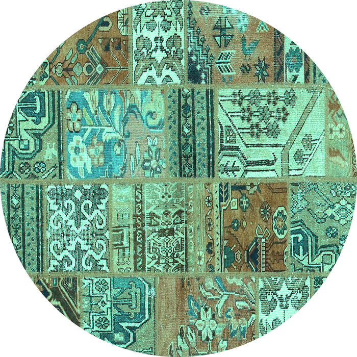 Round Machine Washable Patchwork Turquoise Transitional Area Rugs, wshcon2982turq