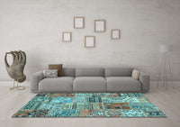 Machine Washable Patchwork Light Blue Transitional Rug, wshcon2982lblu