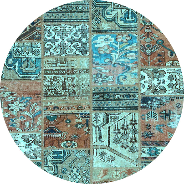 Round Machine Washable Patchwork Light Blue Transitional Rug, wshcon2982lblu