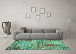 Machine Washable Patchwork Turquoise Transitional Area Rugs in a Living Room,, wshcon2982turq