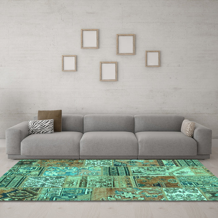 Machine Washable Patchwork Turquoise Transitional Area Rugs in a Living Room,, wshcon2982turq