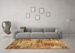 Machine Washable Patchwork Brown Transitional Rug in a Living Room,, wshcon2982brn