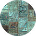 Round Machine Washable Patchwork Light Blue Transitional Rug, wshcon2983lblu