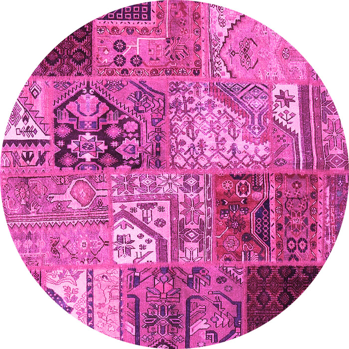 Round Machine Washable Patchwork Pink Transitional Rug, wshcon2983pnk